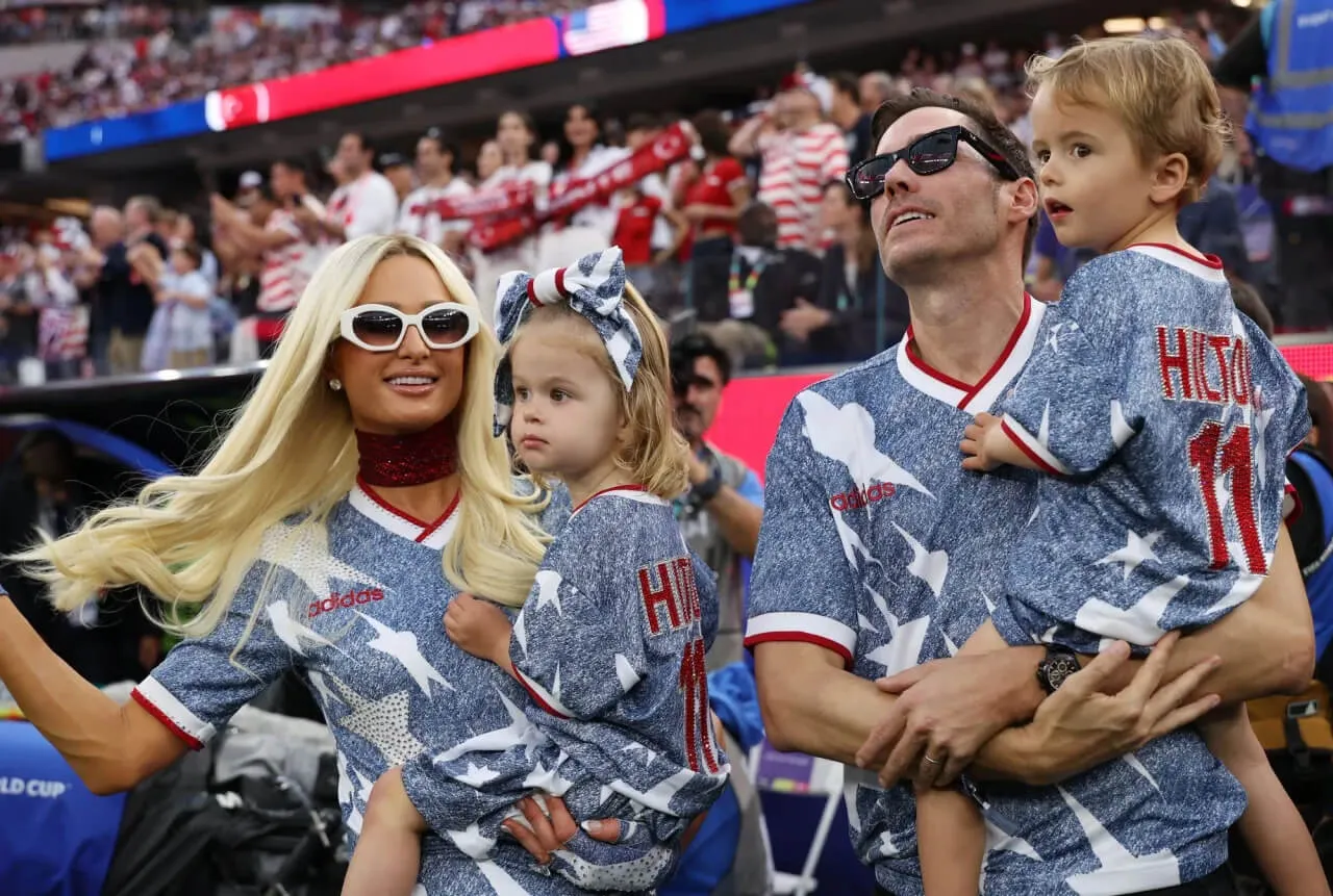 Paris Hilton, her husband, and her children wore matching outfits at the 2026 World Cup soccer match in Los Angeles