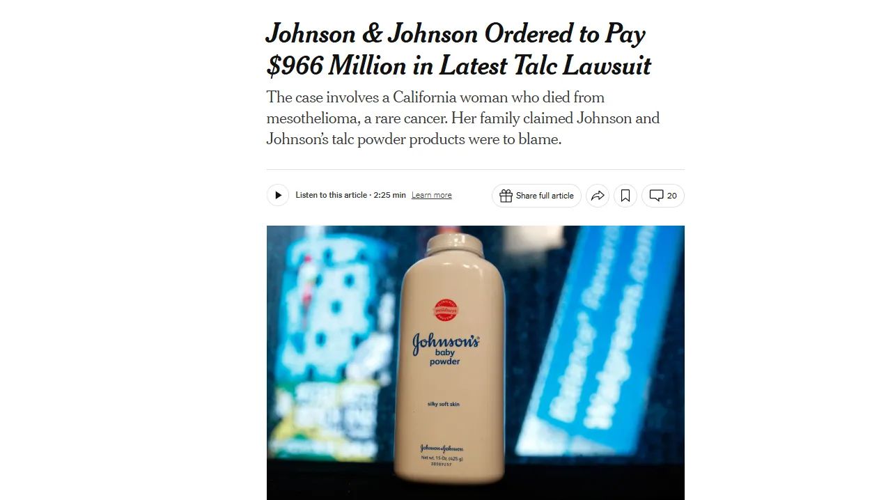 Johnson & Johnson має виплатити $966 млн за смерть пенсіонерки через тальк — NYT Johnson & Johnson має виплатити $966 млн за смерть пенсіонерки через тальк — NYT