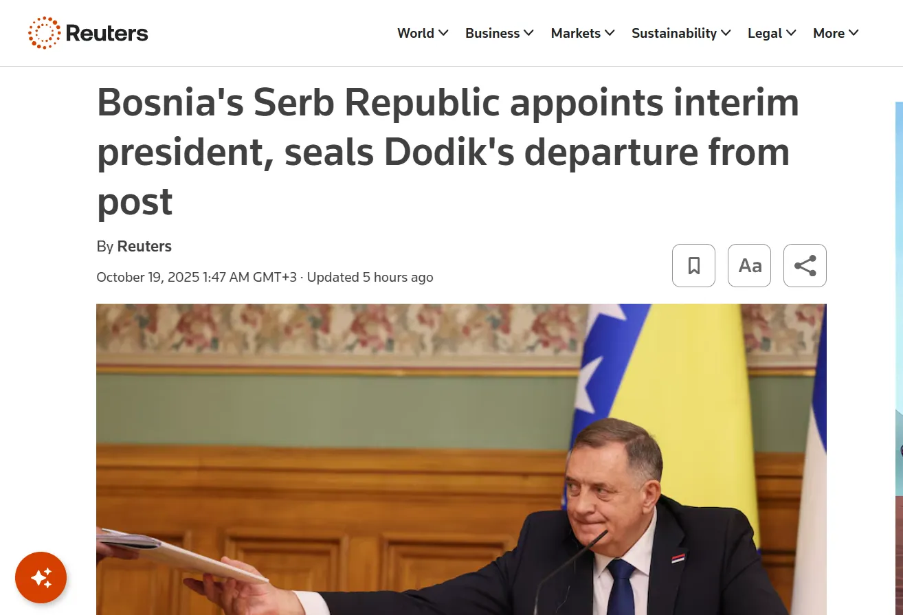 Парламент Республіки Сербської призначив тимчасову очільницю після усунення Додіка — Reuters
