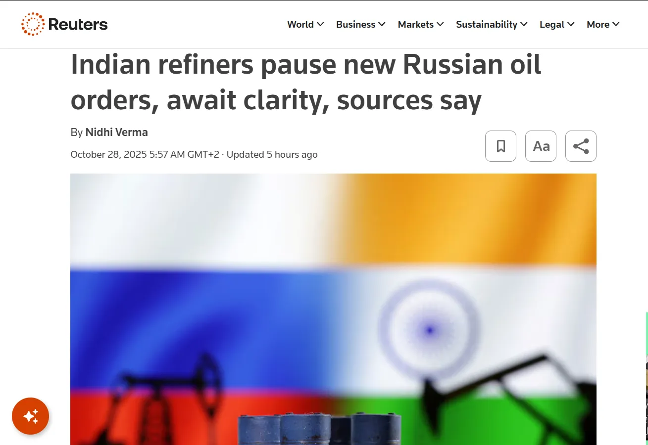 Індія зупинила замовлення російської нафти через санкції США — Reuters Індія зупинила замовлення російської нафти через санкції США — Reuters
