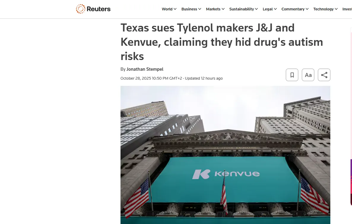 Техас подав позов на Johnson & Johnson через приховування ризиків препарату Tylenol — Reuters Техас подав позов на Johnson & Johnson через приховування ризиків препарату Tylenol — Reuters