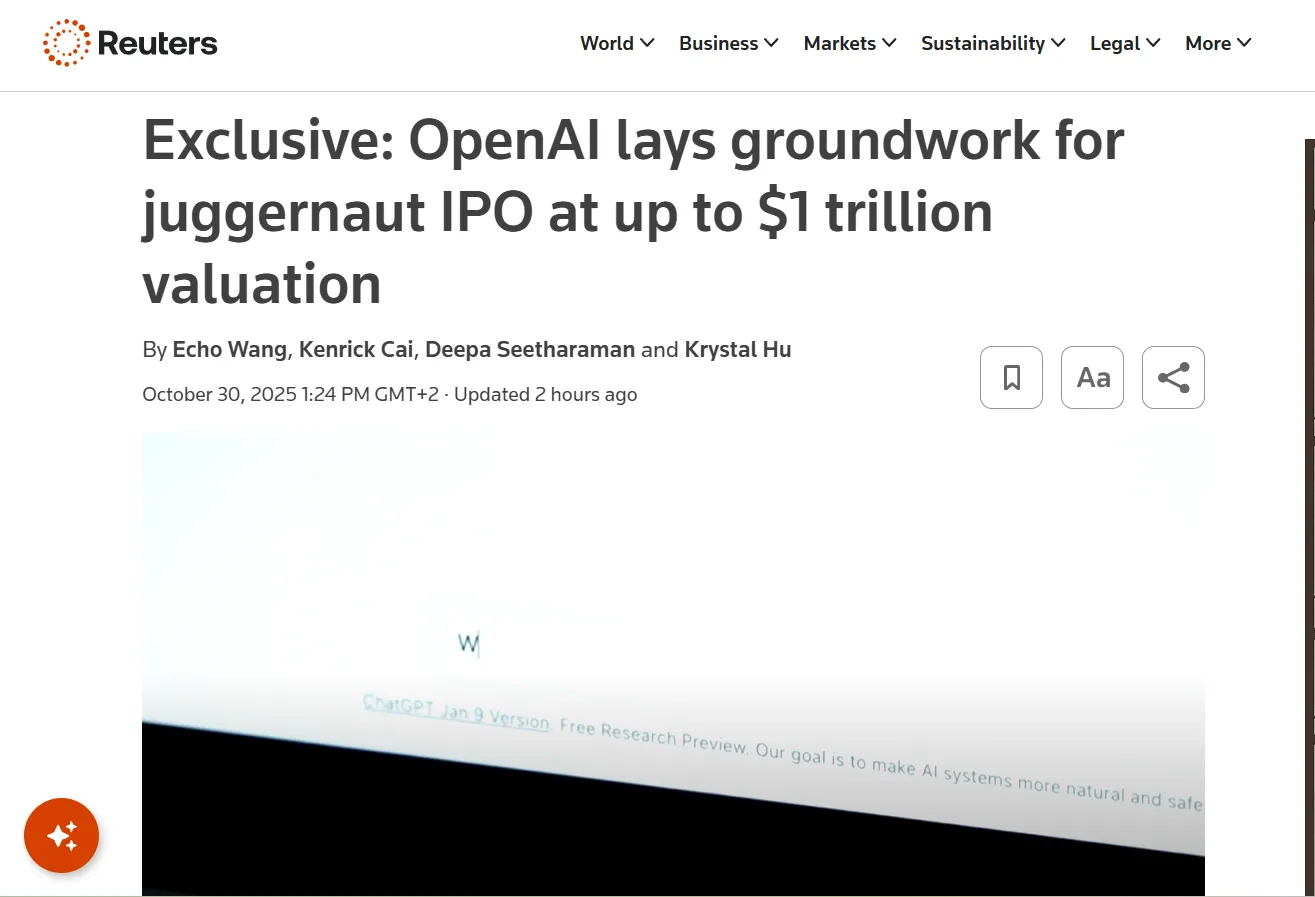 OpenAI готується до IPO з потенційною оцінкою в $1 трлн — Reuters OpenAI готується до IPO з потенційною оцінкою в $1 трлн — Reuters