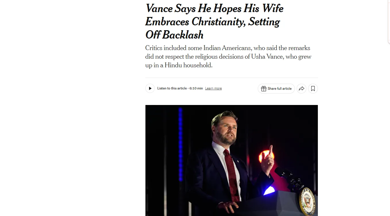 Джей Ді Венс потрапив під критику через слова про релігію дружини — NYT