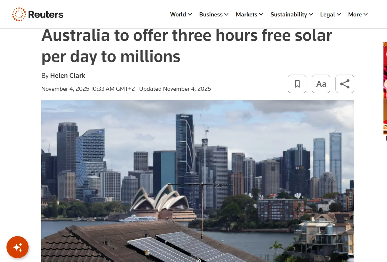 Австралія запроваджує три години безкоштовної сонячної енергії для населення щодня — Reuters