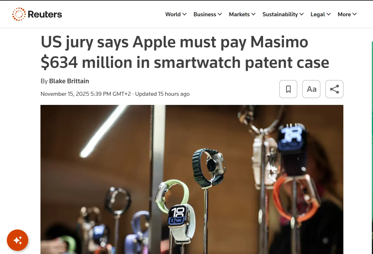 Apple програла суд Masimo на $634 млн за технологію Apple Watch​ — Reuters