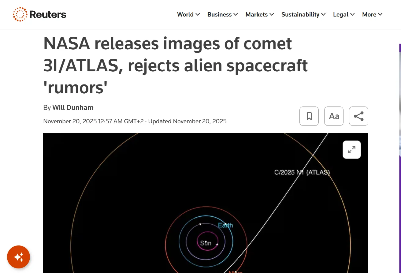 NASA пояснило природу загадкового об’єкта 3I/ATLAS — Reuters