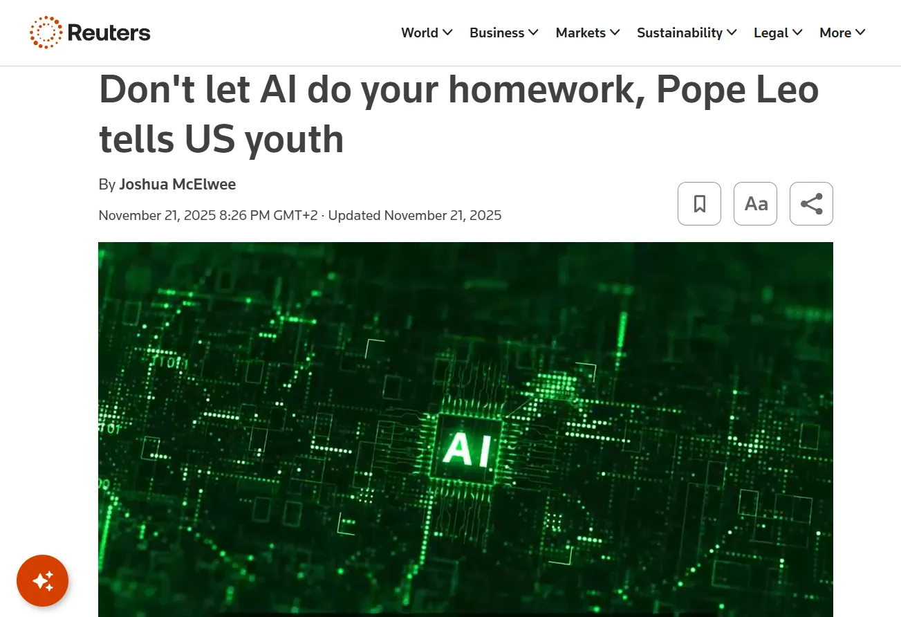 Папа Лев XIV закликав молодь не доручати домашні завдання штучному інтелекту — Reuters
