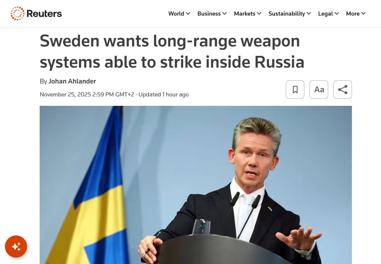 Szwecja planuje zakup rakiet zdolnych do przeprowadzania uderzeń w głąb rosji — Reuters