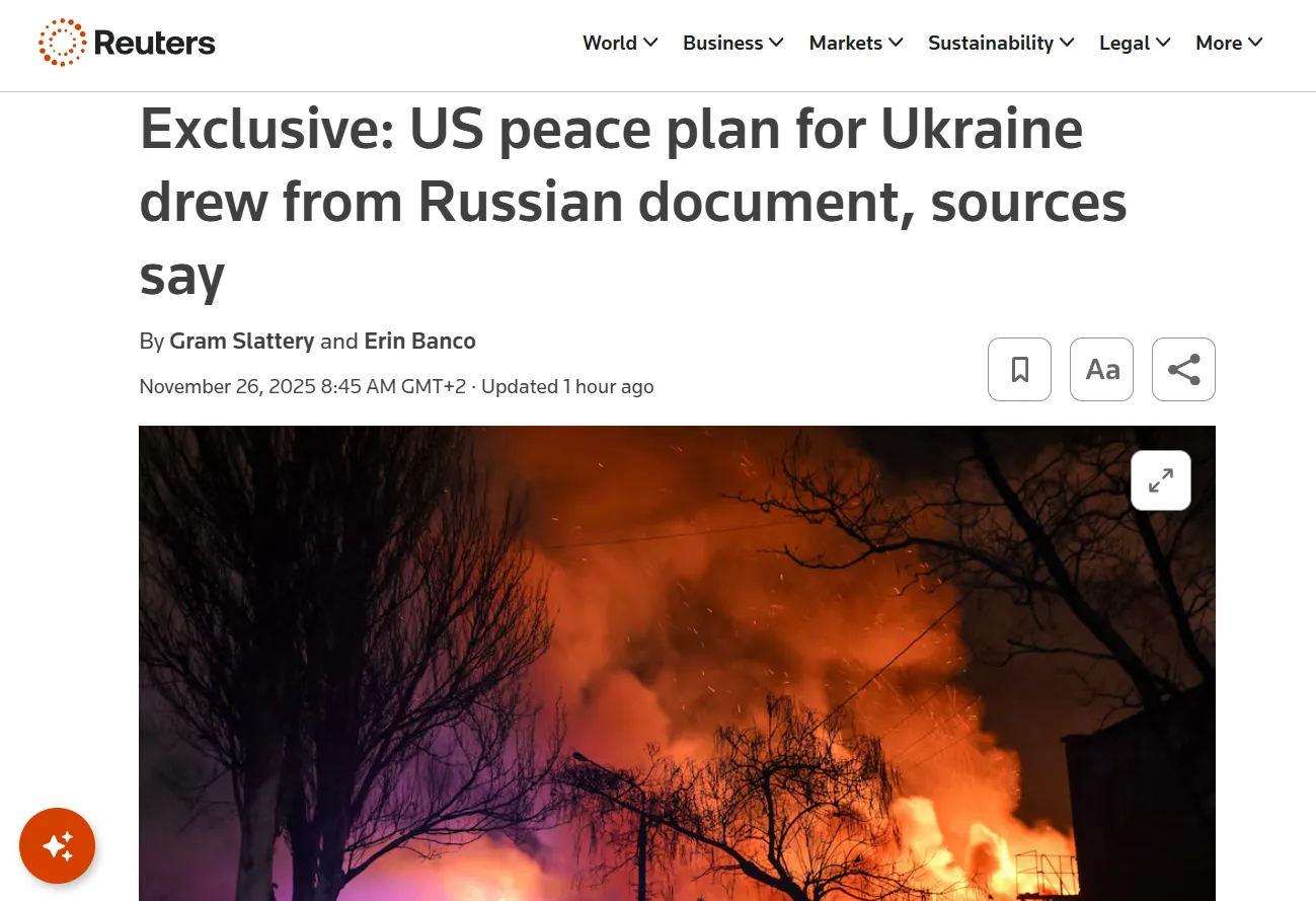 Мирний план США з 28 пунктів базувався на російському документі — Reuters