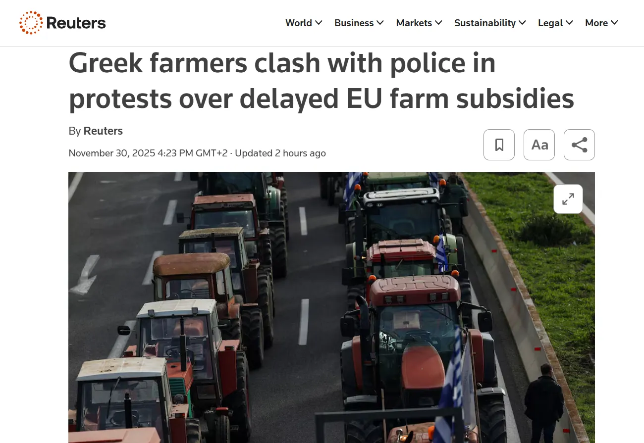 У Греції поліція застосувала газ проти фермерів, які перекрили дороги — Reuters