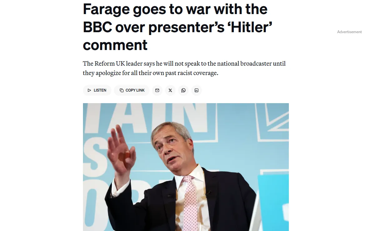 Лідер Reform UK відмовився спілкуватися з BBC через запитання про Гітлера — Politico