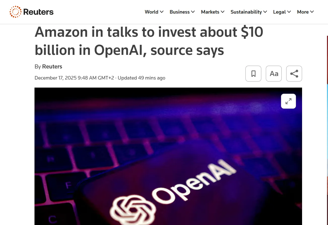 Amazon може інвестувати 10 мільярдів доларів в OpenAI — Reuters