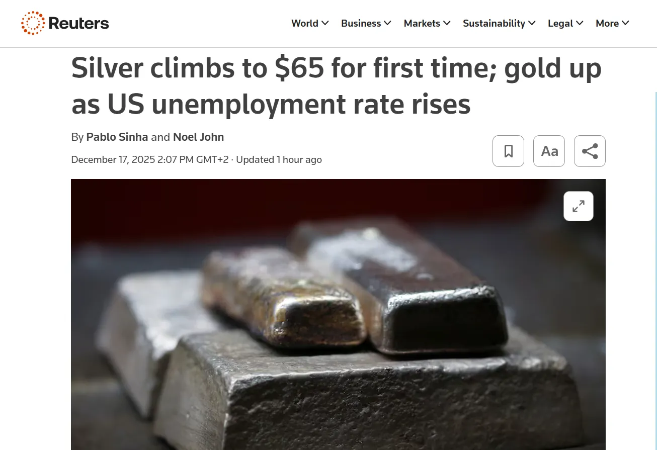 Срібло злетіло до історичного максимуму після даних про безробіття в США — Reuters