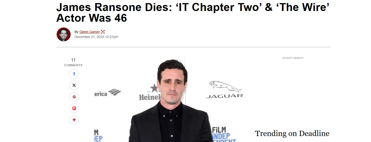 Актор Джеймс Ренсон помер у віці 46 років — Deadline