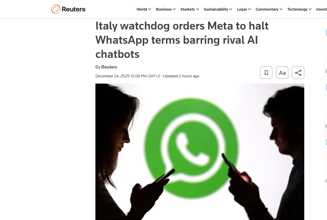 Італія заборонила Meta обмежувати AI-чатботи конкурентів у WhatsApp — Reuters