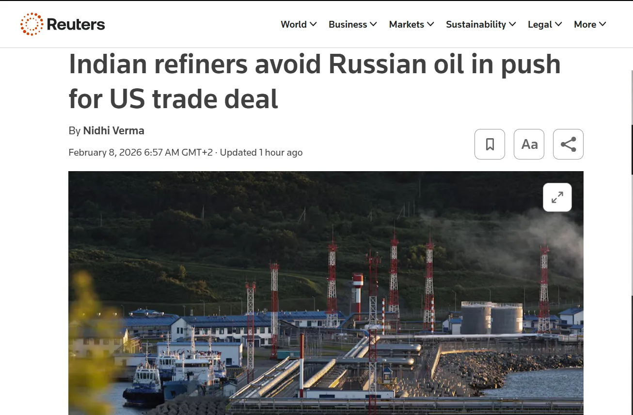 Індія скорочує закупівлю російської нафти заради торговельної угоди зі США — Reuters