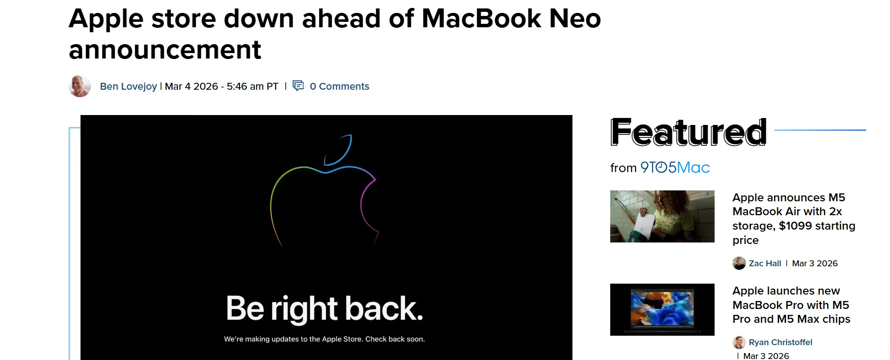 Apple закрила онлайн-магазин перед анонсом MacBook Neo — 9to5mac