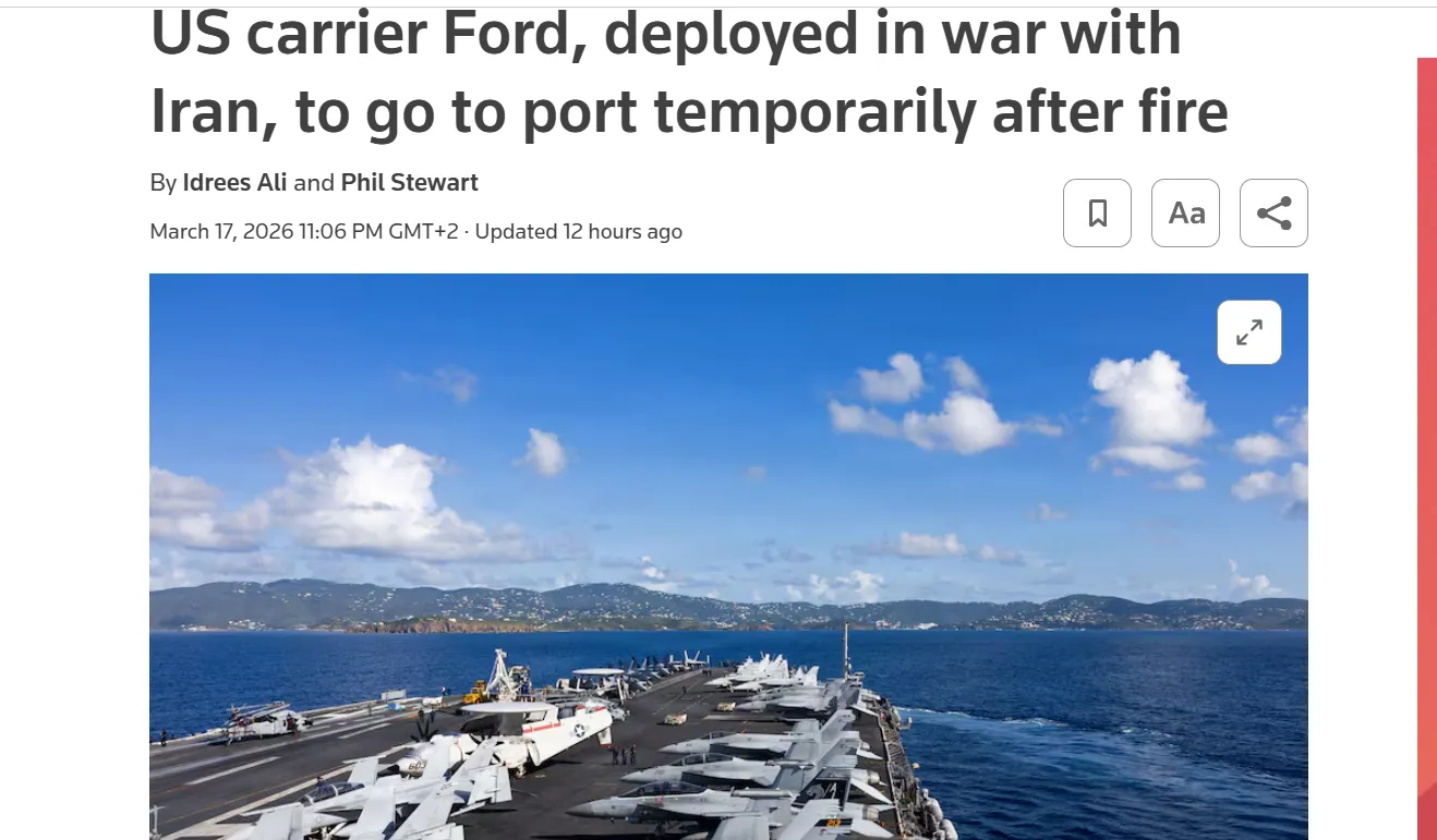 Найбільший авіаносець США покине Близький Схід після пожежі на борту