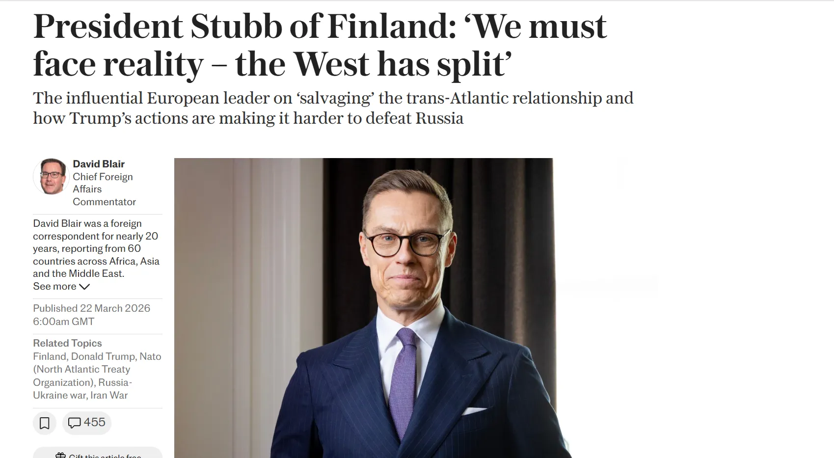 Стубб погіршив прогноз щодо швидкого встановлення миру в Україні — The Telegraph