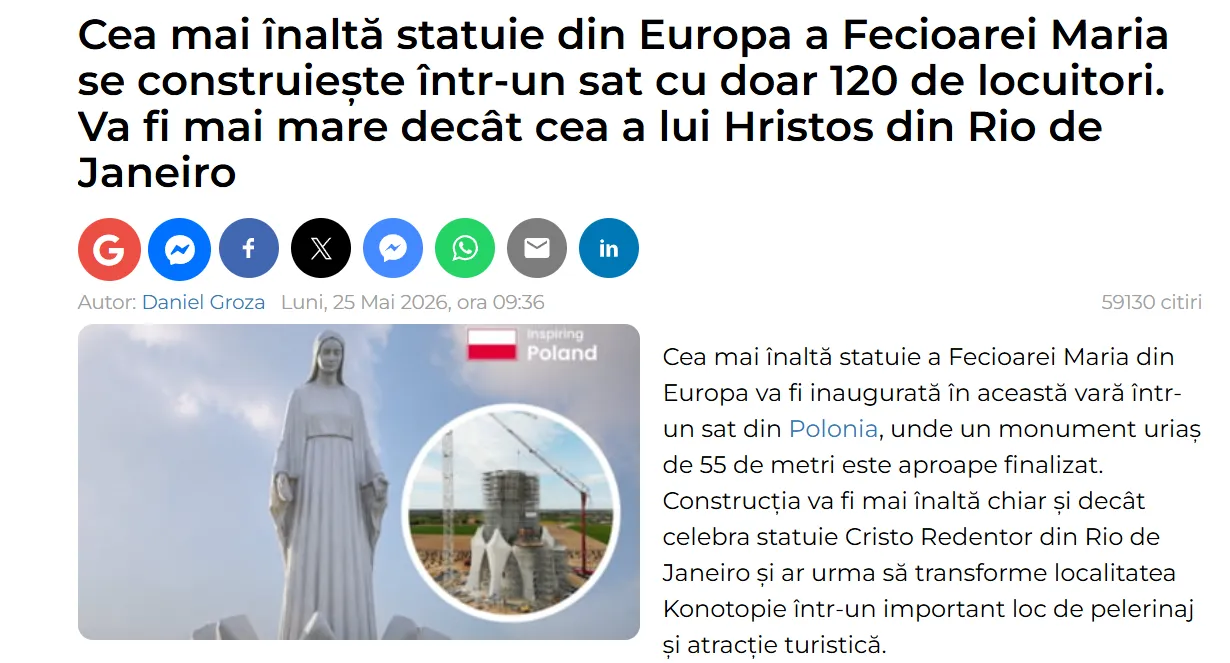 In a small village of 120 residents, the tallest statue of the Virgin Mary in Europe is being built