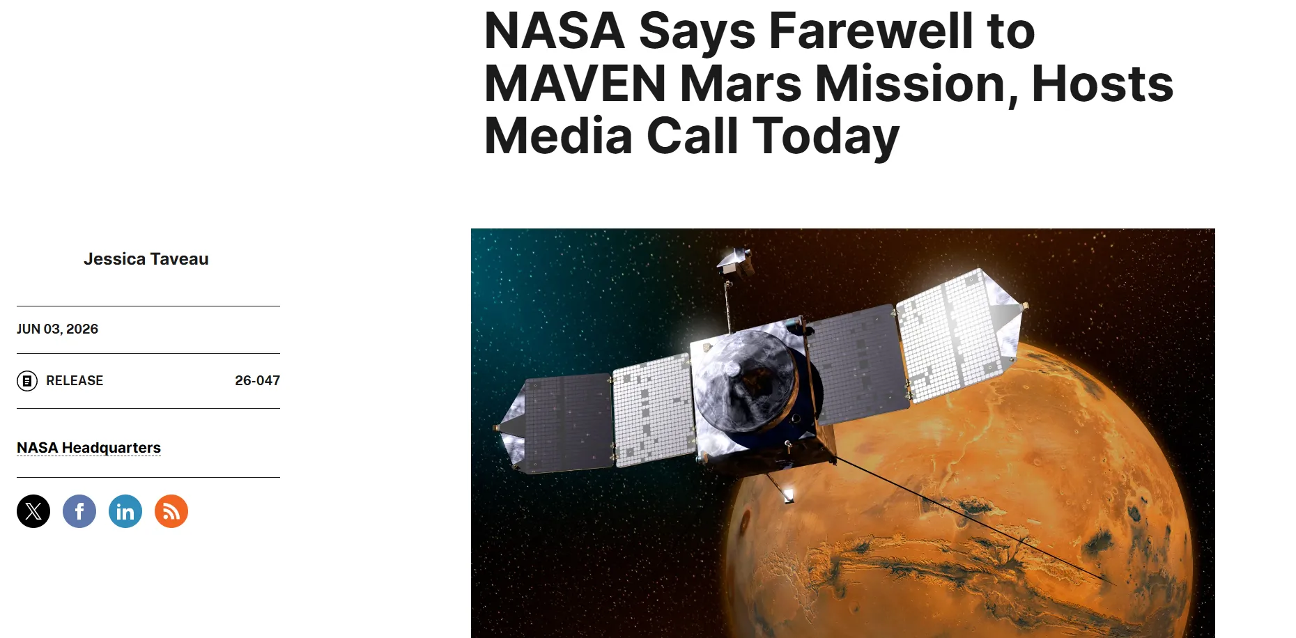 NASA завершило миссию марсианского зонда MAVEN, который работал на орбите более 11 лет