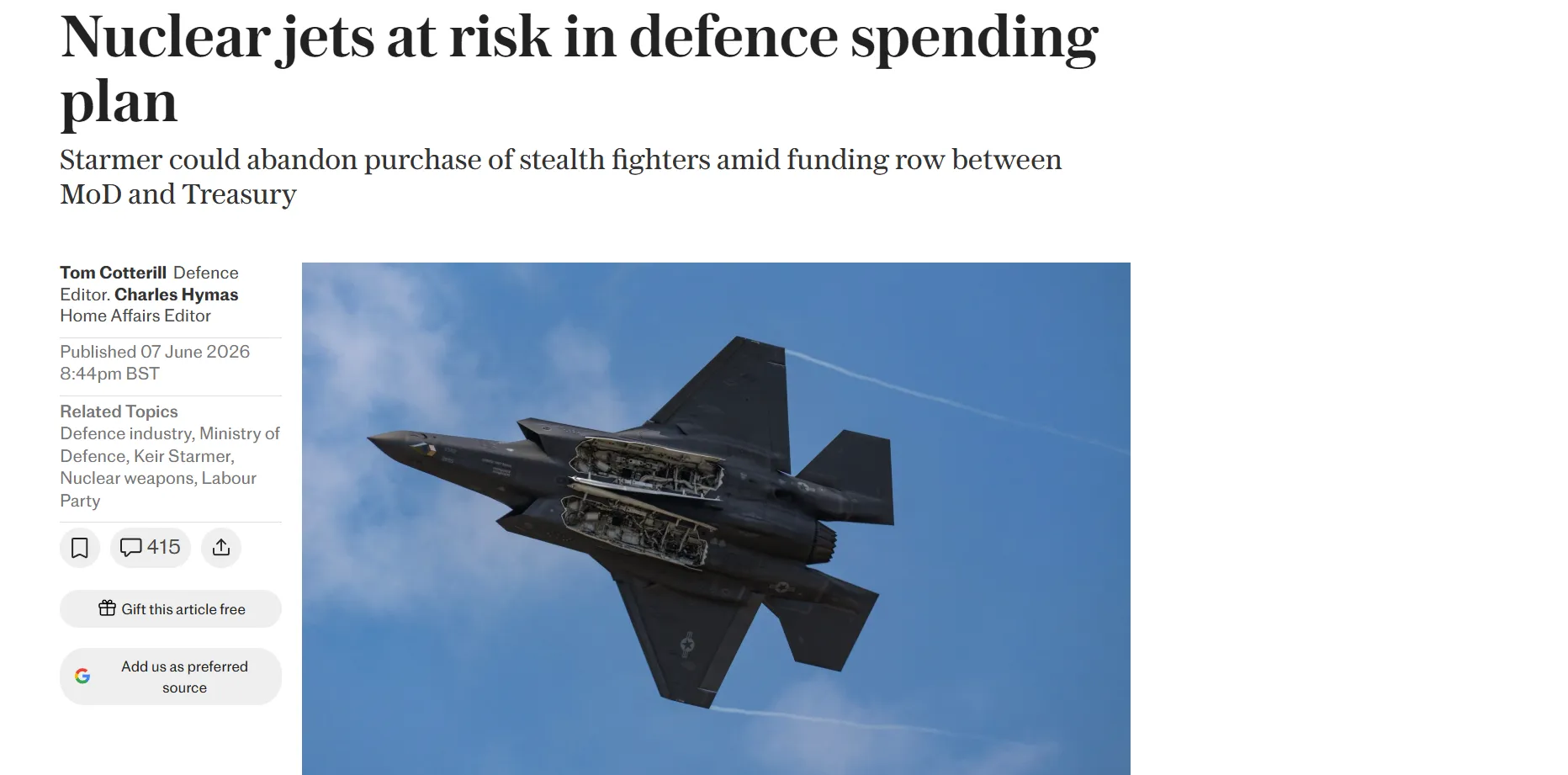 Великобритания может отказаться от закупки самолетов F-35A — The Telegraph