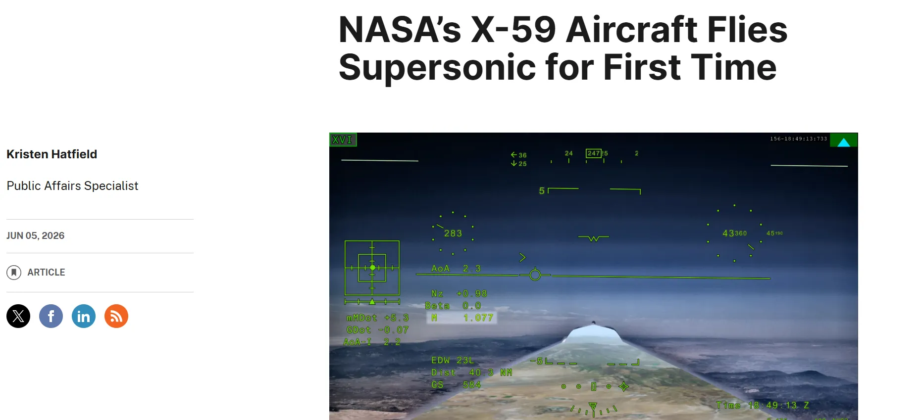 Революційний літак X-59 вперше подолав звуковий бар’єр