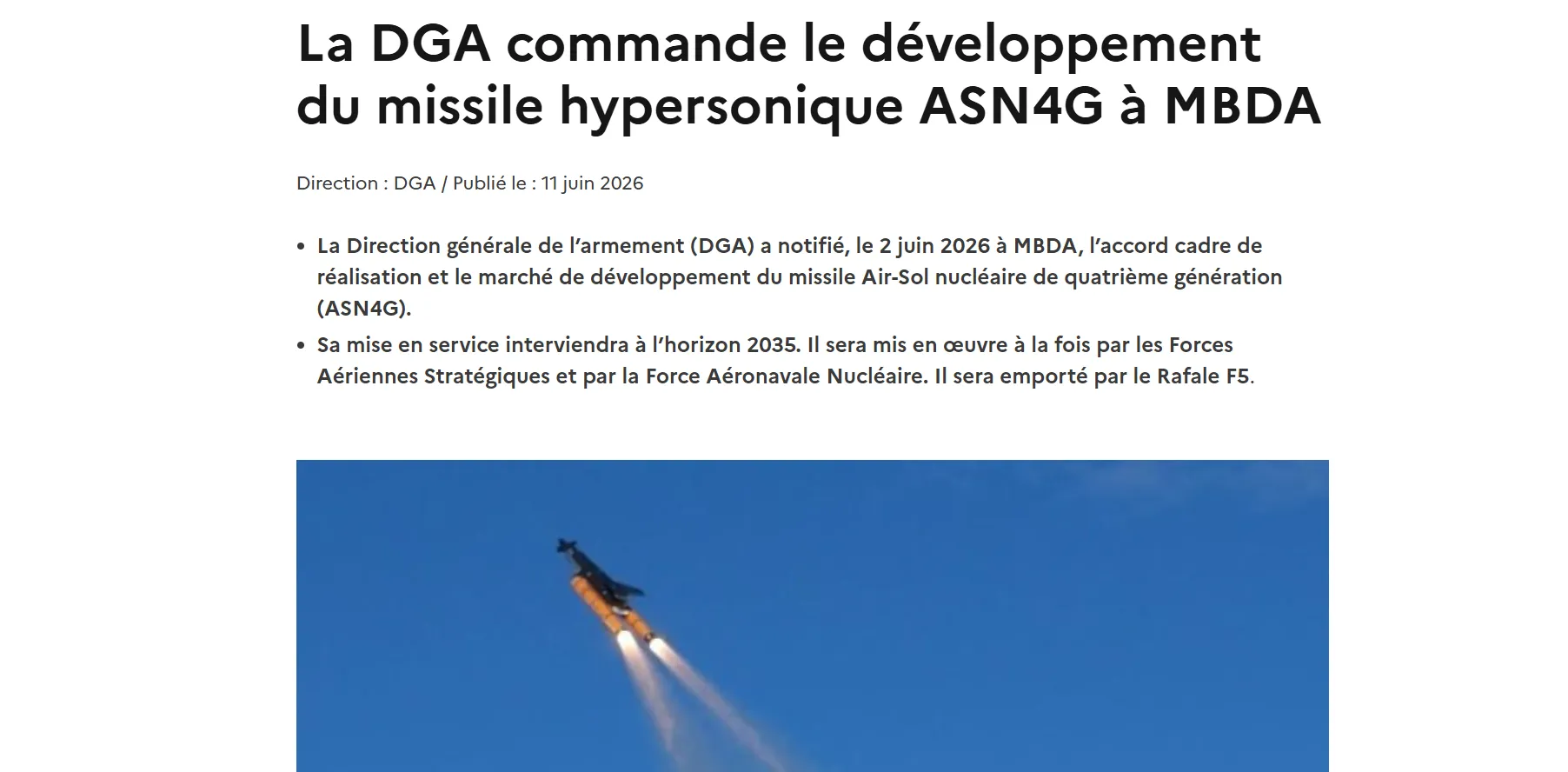 Франція доручила MBDA розробку ракети ASN4G, яка зможе нести ядерний заряд
