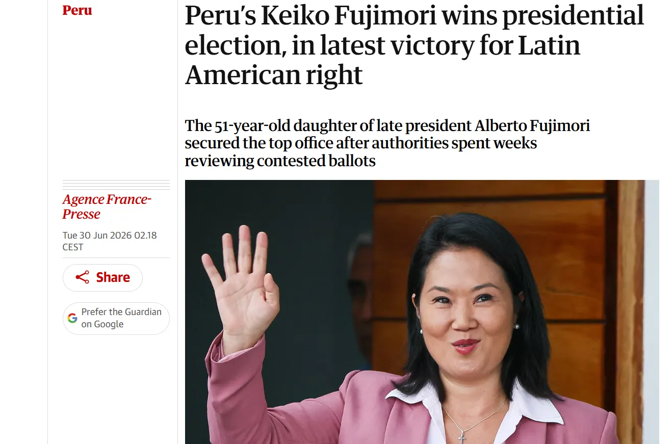 The daughter of former President Fujimori won the election in Peru — The Guardian