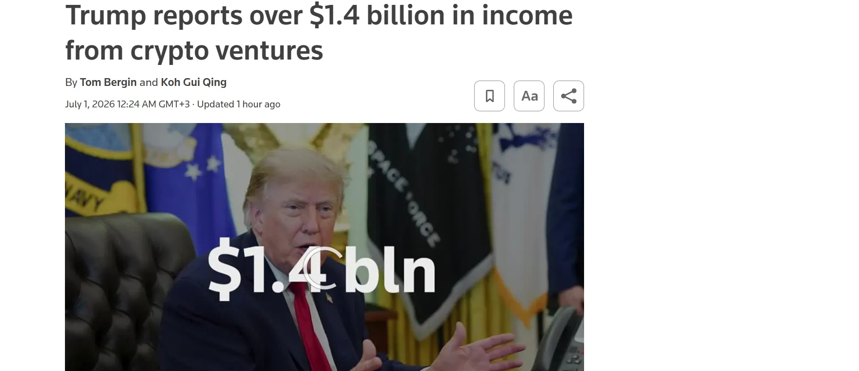 Трамп задекларировал более 1,4 млрд долларов доходов от криптовалютных проектов за 2025 год — Reuters