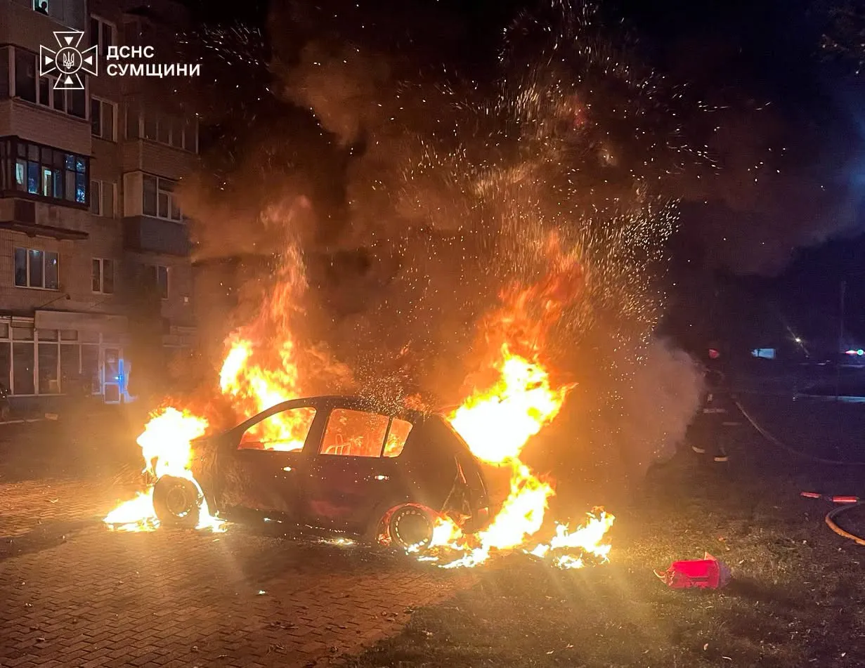 A civilian car caught fire in Sumy after being struck by a Russian drone