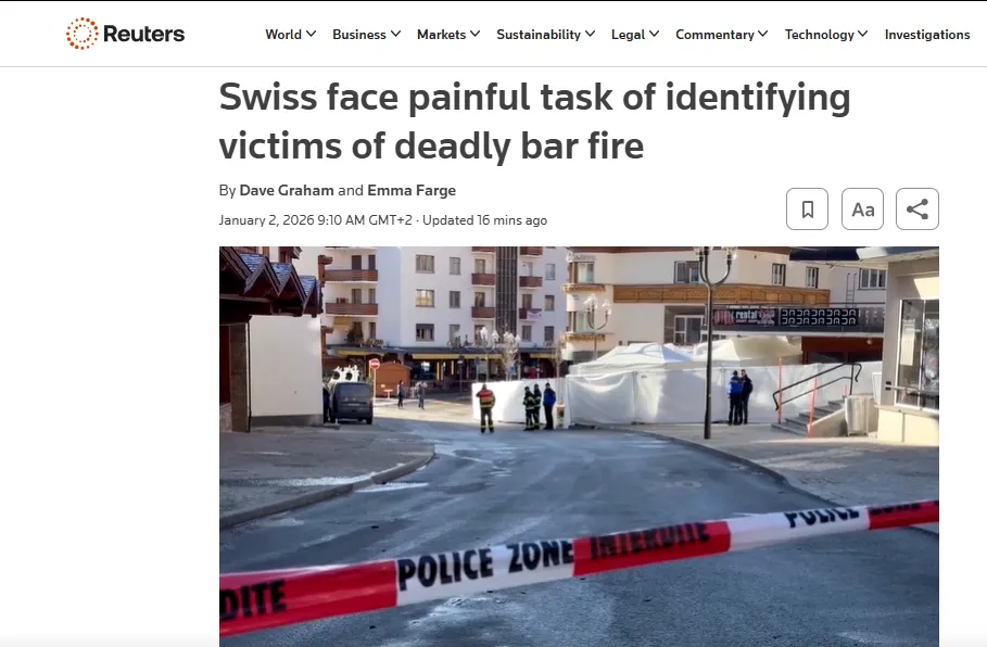 Ідентифікація жертв пожежі на швейцарському курорті триватиме кілька днів - Reuters