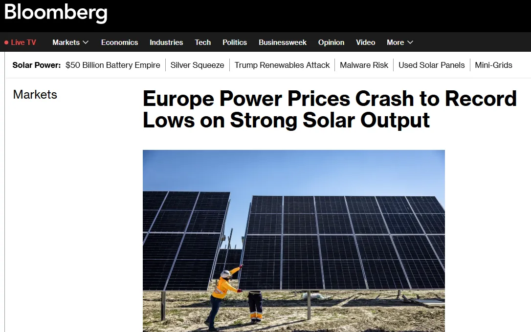 Цены на электроэнергию в Европе упали ниже нуля из-за избытка выработки — Bloomberg