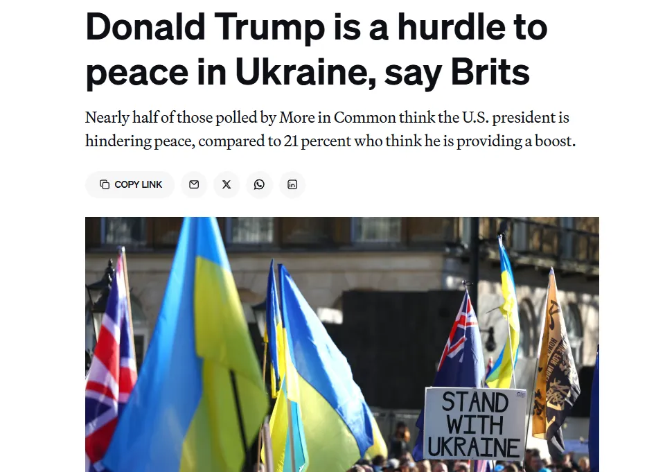 47% британців вважають Трампа перешкодою до миру в Україні — Politico