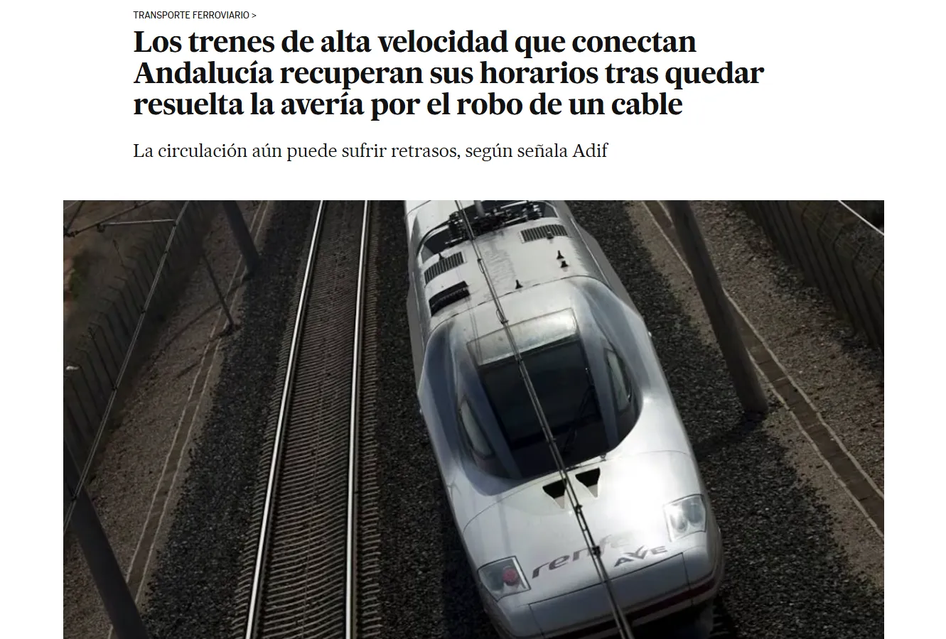 В Іспанії через крадіжку кабелів порушився рух швидкісних поїздів