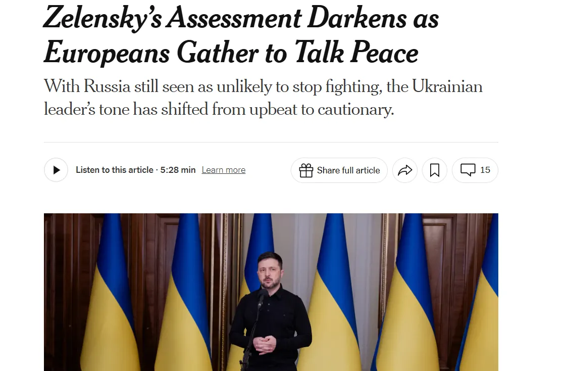 The New York Times: Zełenski coraz bardziej sceptyczny wobec perspektyw pokoju