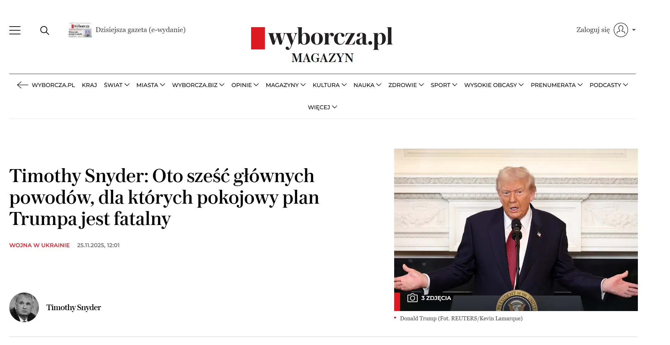 Timothy Snyder wskazał sześć powodów, dla których plan Donalda Trumpa jest niebezpieczny dla Ukrainy