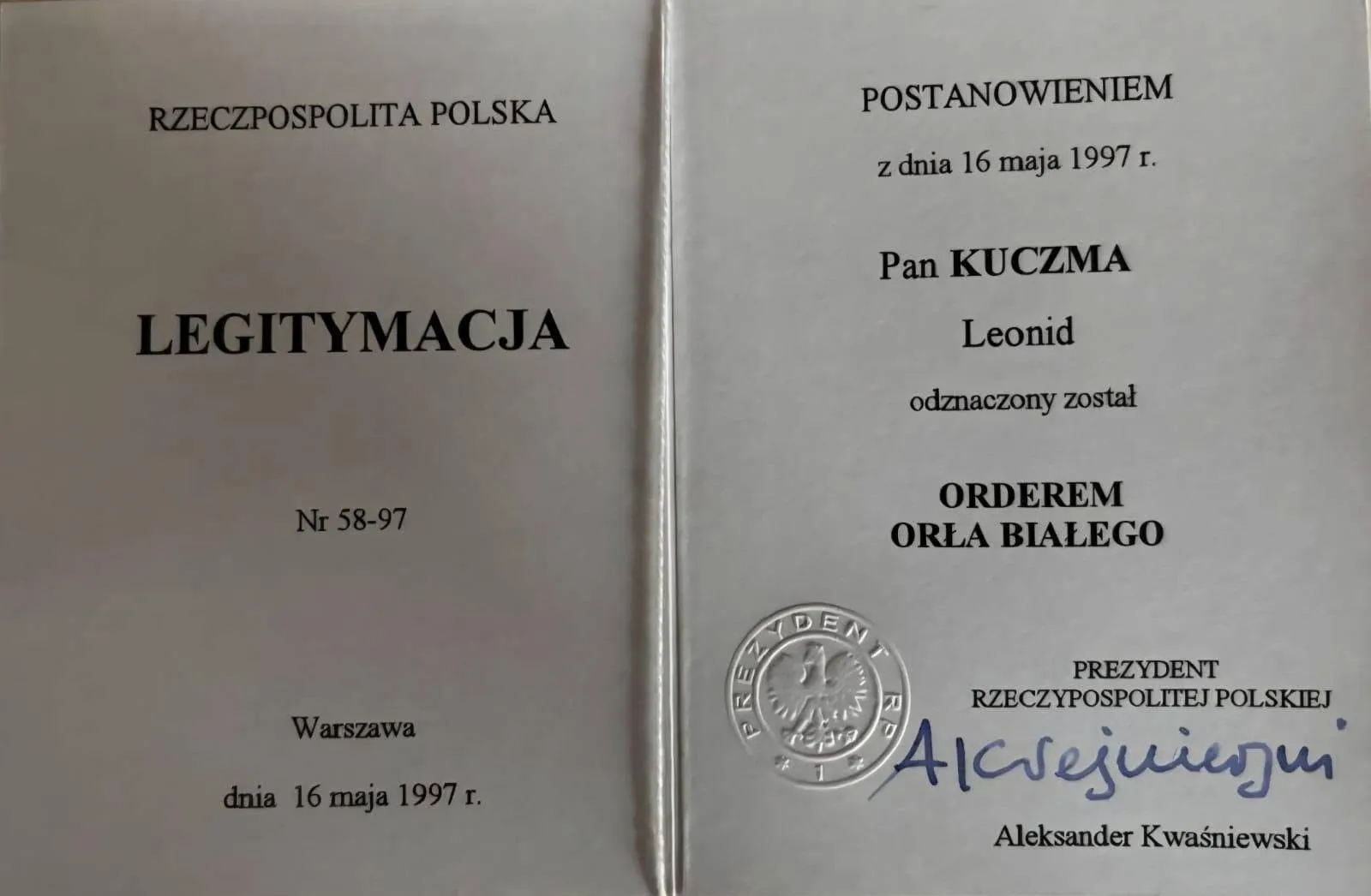 Były prezydent Ukrainy Kuczma odmówił przyjęcia polskiego orderu Białego Orła