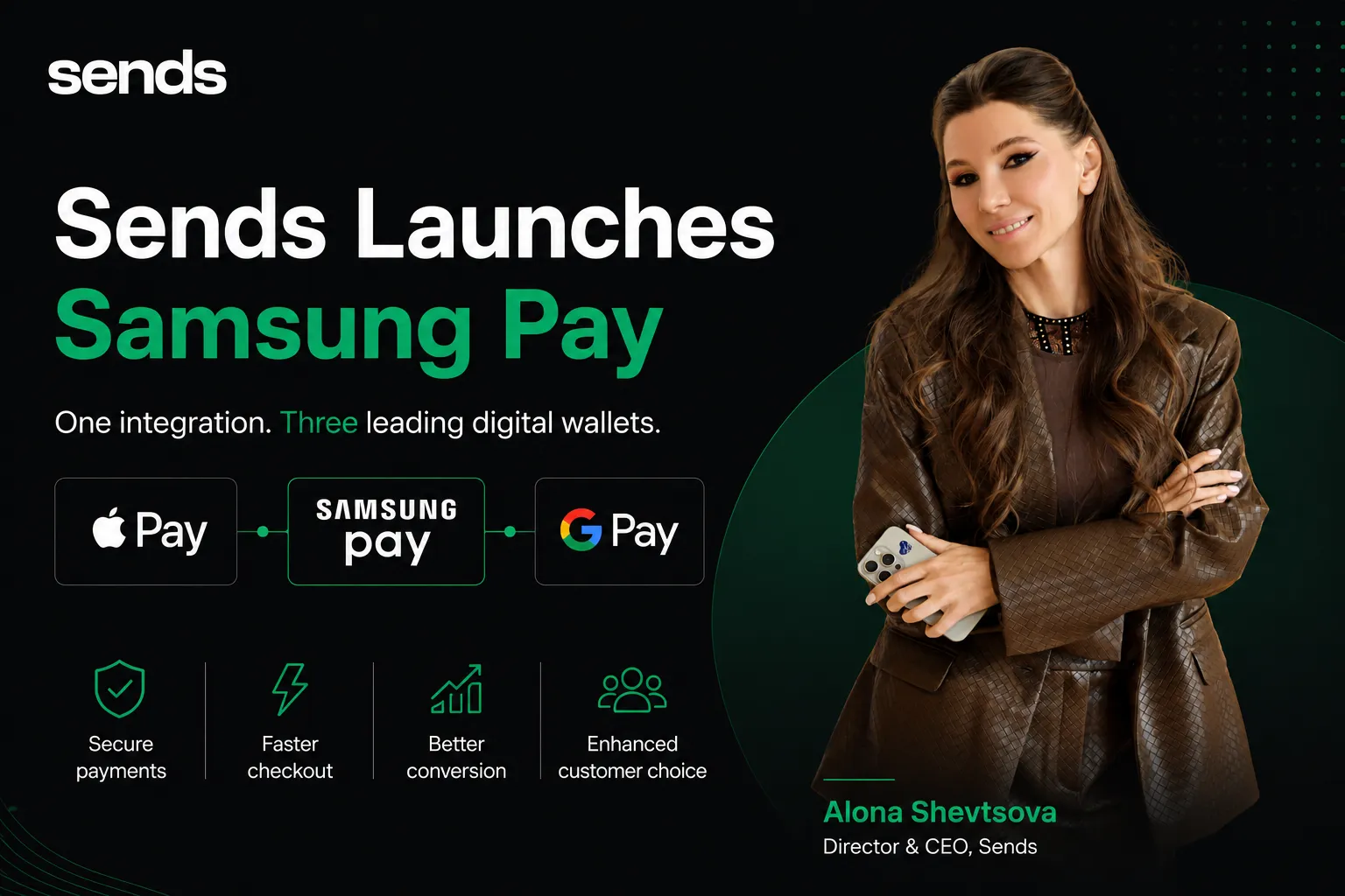 Alona Szewcowa poinformowała o rozszerzeniu oferty portfeli cyfrowych w serwisie Sends dzięki Samsung Pay