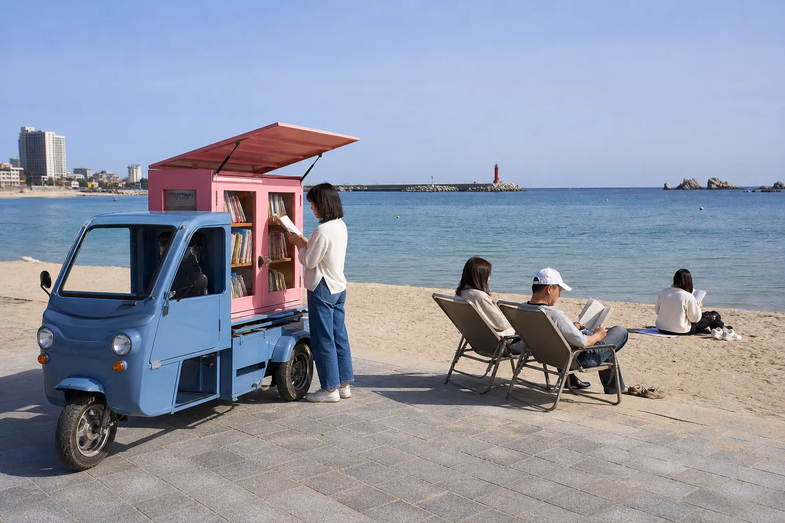 Beach bookstore on a tricycle becomes popular on social media in South Korea