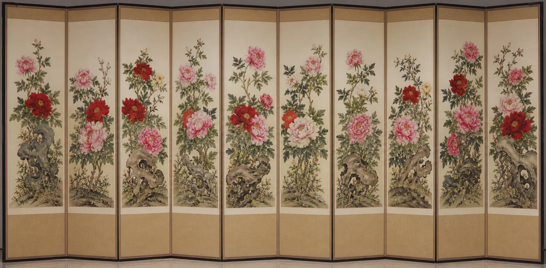 Ten-panel folding screen with peonies from the Joseon era