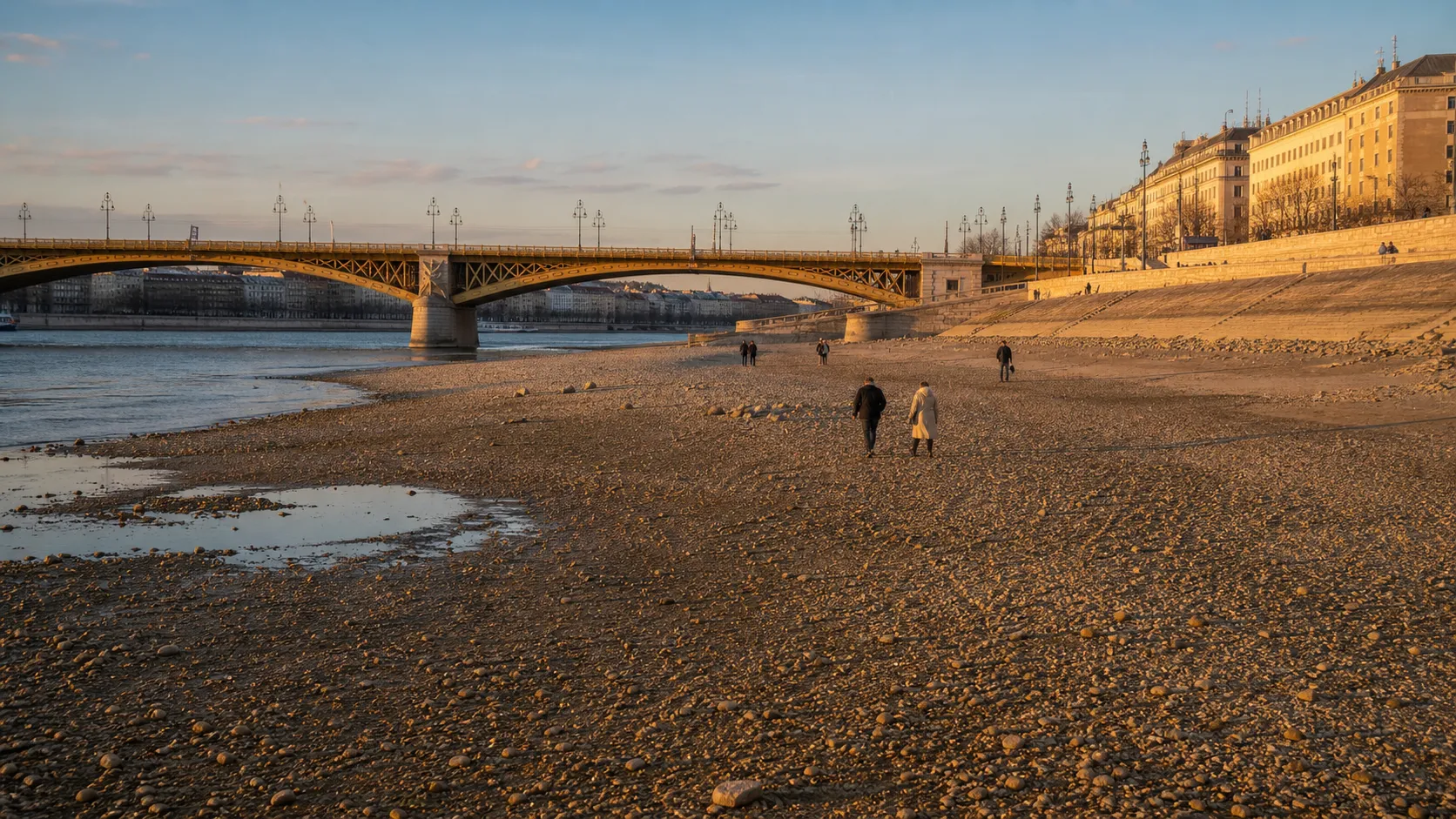 The exposed riverbed of the Danube in Budapest became the site of a spontaneous party