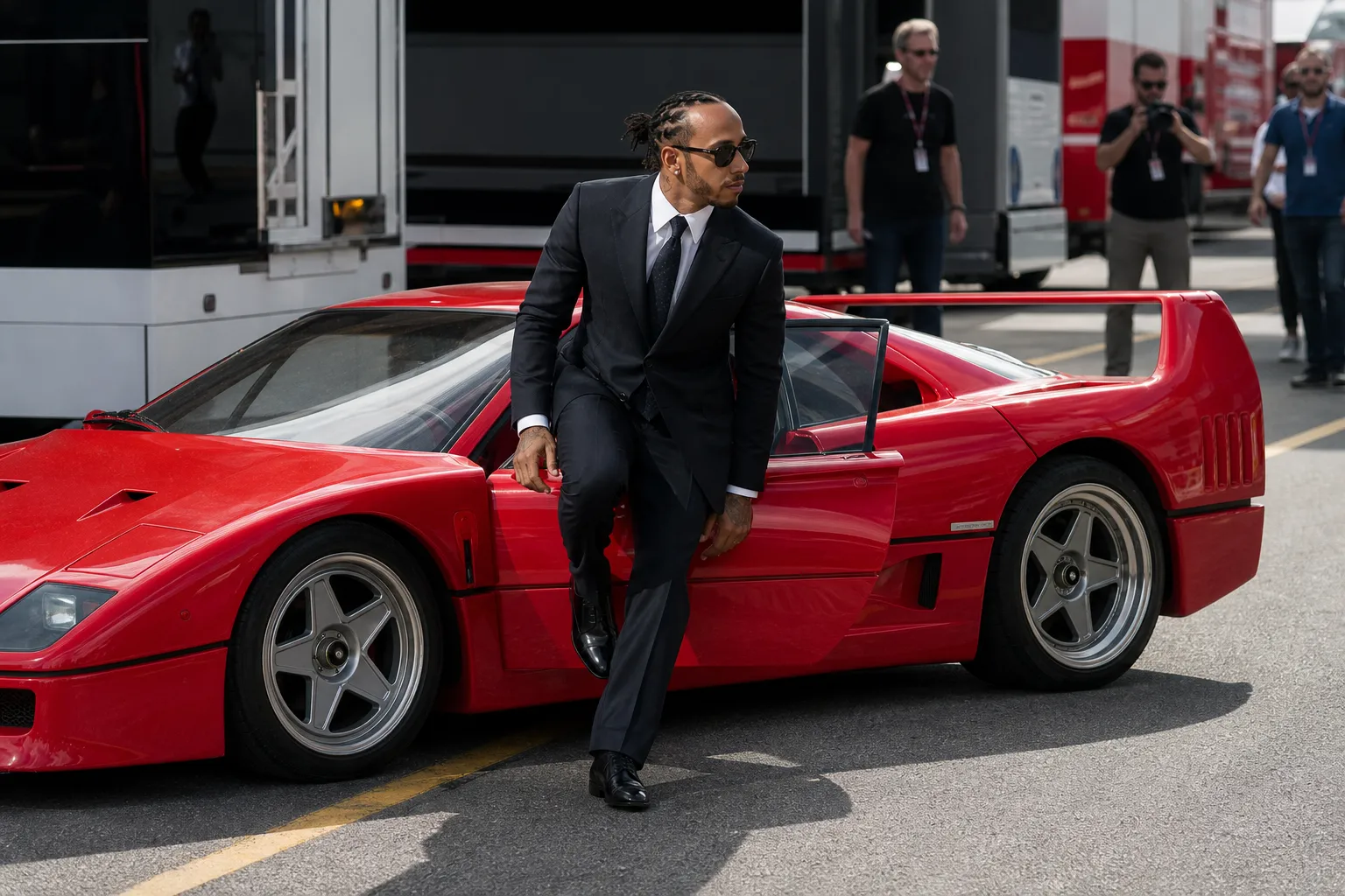 Lewis Hamilton arrived at Monza in a Ferrari F40 with the number 44 on the engine block