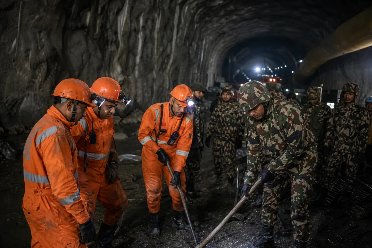 Indian rescuers lay temporary path in Chilime tunnel in Nepal