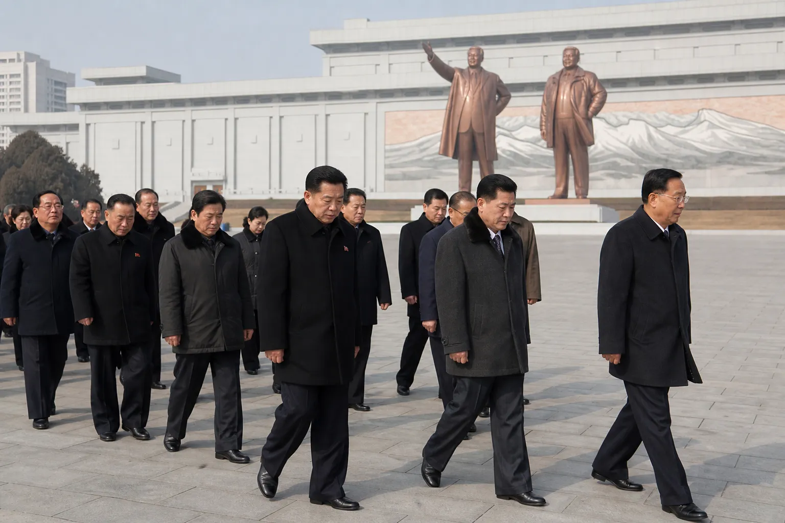 North Korean officials honor Kim Il Sung and Kim Jong Il in Pyongyang