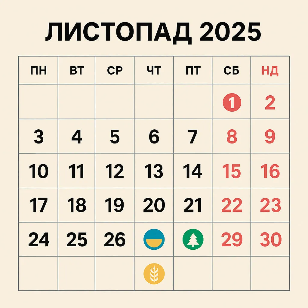 Листопад 2025 року: робочі дні, офіційні вихідні та головні свята місяця Листопад 2025 року: робочі дні, офіційні вихідні та головні свята місяця