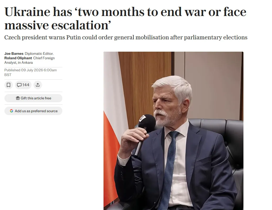 Президент Чехии назвал следующие два месяца решающими для переговоров между Украиной и РФ