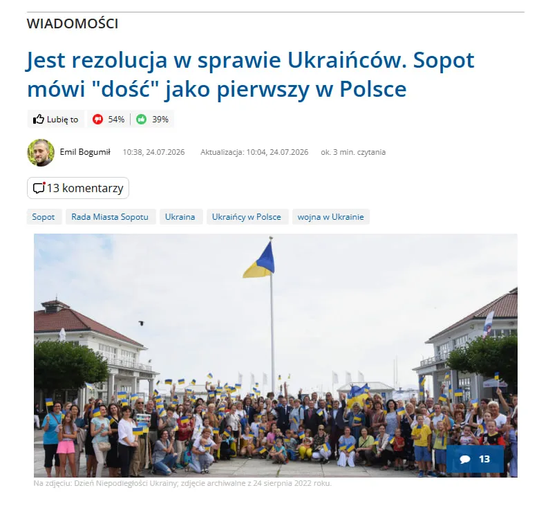 The Polish city of Sopot has passed a resolution in support of Ukrainians and against xenophobia