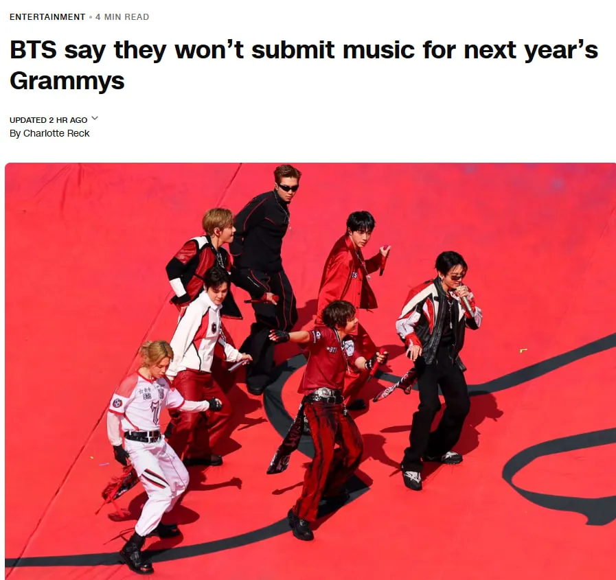 Korean band BTS has announced a boycott of the 2027 Grammys — CNN