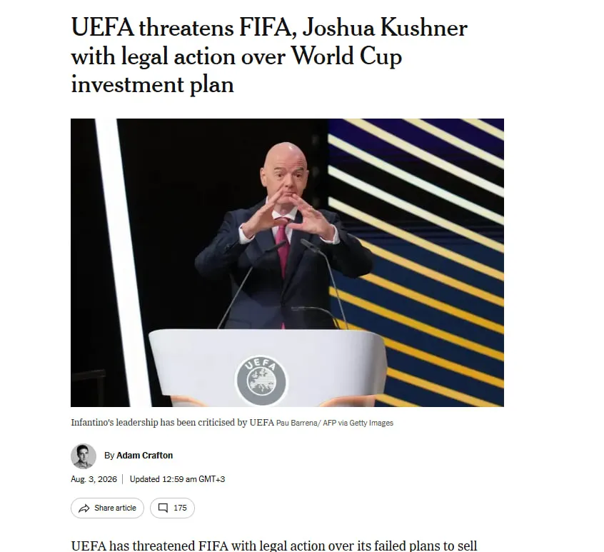 UEFA zagroziła FIFA pozwem sądowym w związku z planem sprzedaży udziałów w mistrzostwach świata — The Athletic